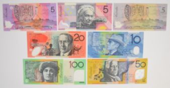 Seven Australia 1993-2012 polymer banknotes, including 2008 $100, 1993 $10 and commemorative 2001
