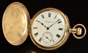 Elgin gold plated keyless winding full hunter pocket watch with inset subsidiary seconds dial, blued
