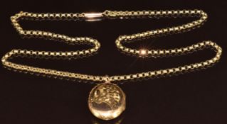 A 9ct gold chain with barrel clasp (7g, 52cm) and a 12ct back and front locket (2.7cm)