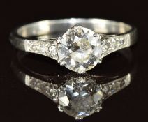 Art Deco platinum ring set with a diamond of approximately 1ct and further diamonds to the