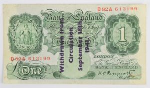 States of Guernsey 1941 overprint on Bank of England K.O. Peppiatt £1 banknote serial number D82A
