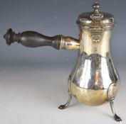 18thC French silver chocolate pot with turned wood handle and hinged lid with pivoted centre