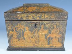 19thC Chinoiserie tea caddy, opening to reveal two lidded compartments, L20.5cm