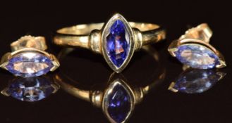 A 9k gold ring set with a marquise cut tanzanite of approximately 0.4ct (2g, size M) and a pair of