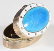 Edward VII hallmarked silver and blue and white guilloché enamel oval pill box, Chester 1909,