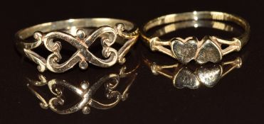 Two 9ct gold rings in the form of hearts, 2.5g, size Q & M