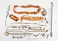 An amber necklace and matching bracelet, three strand amber necklace, bi-coloured silver necklace
