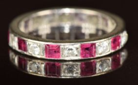 Art Deco eternity ring set with alternating diamonds and rubies, 2.9g, size K