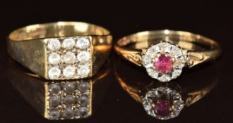 Two 9ct gold rings, one set with a ruby surrounded by diamonds and the other quartz, 4g, size M & O