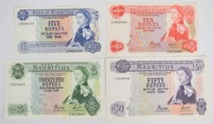 Four Mauritius 1967 issue banknotes including 5, 10, 20 and 50 Rupees, all signed by Bunwaree/