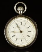 Unnamed silver keyless winding open faced chronograph pocket watch with gold hands, black Roman