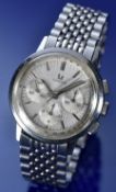 Omega gentleman's chronograph wristwatch with steel hands and baton hour markers, silver dial and