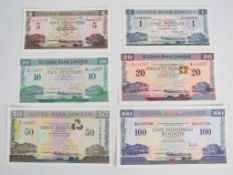 Six Northern Ireland Ulster Bank 1976-2012 banknotes including all denominations from £1 to £100