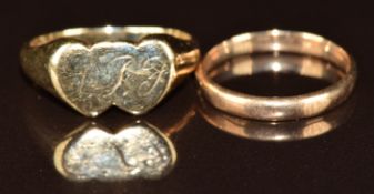 A 9ct gold signet ring in the form of two hearts and a 9ct gold wedding band, size M & J, 4.8g
