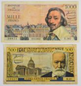 Two France 1953-57 issue banknotes comprising 500 and 1,000 Francs
