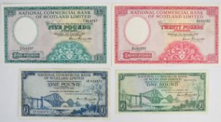 Four National Commercial Bank of Scotland banknotes including 1959 £1, £5 and £20