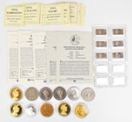 Ten .999 10g silver ingots, Cook Islands 1991 silver $5, plated and commemorative crowns, some