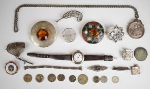 A collection of silver and white metal jewellery including watch with enamel dial, agate brooch,