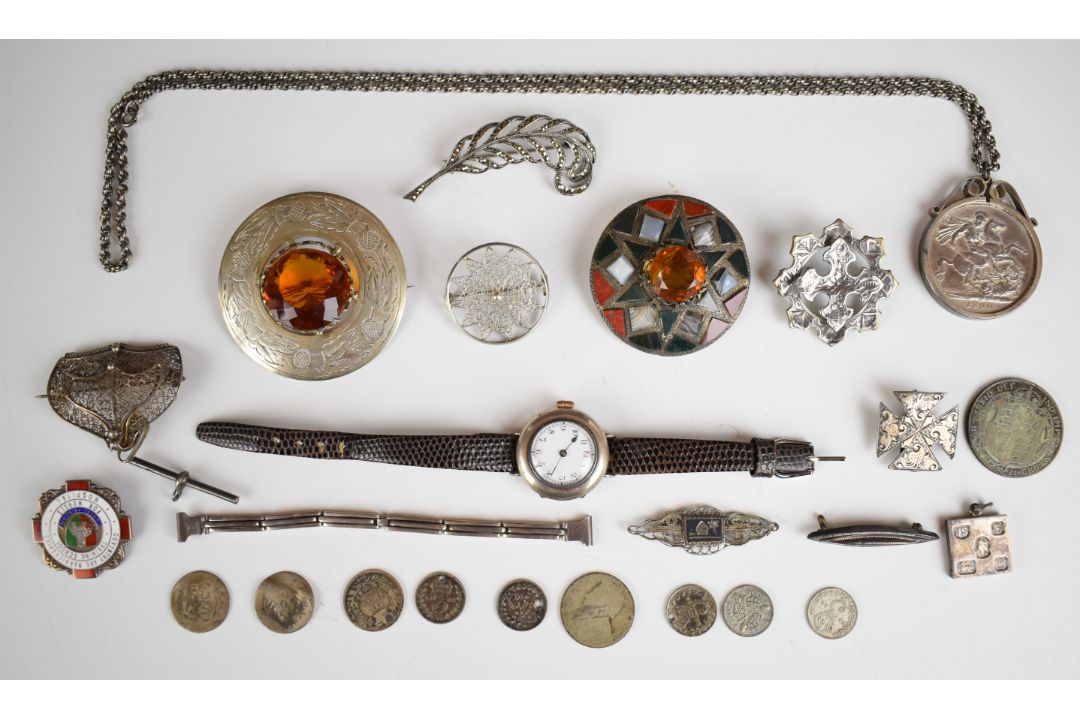 A collection of silver and white metal jewellery including watch with enamel dial, agate brooch, - Image 1 of 4