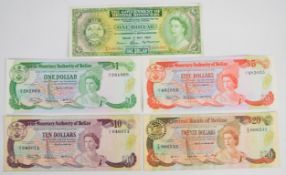 Five British Honduras and Belize banknotes comprising a 1965 British Honduras $1, 1980-dated $1, $