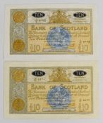 Two Bank of Scotland 1963 £10 banknotes with prefixes 6/C and 7/C, both signed Bilsland & Watson