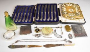 Two cased pairs of hallmarked silver handled butter knives, hallmarked silver bangle, silver