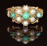 A 9ct gold ring set with pearls and turquoise, 2g, size O