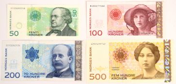 Four Norway 2000-11 banknotes comprising 50, 100, 200 and 500 Kroner