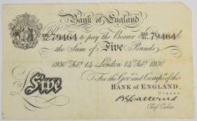 Bank of England 1930 B.G. Catterns white £5 banknote, London, 14th Feb. 1930 (Valentine's Day)