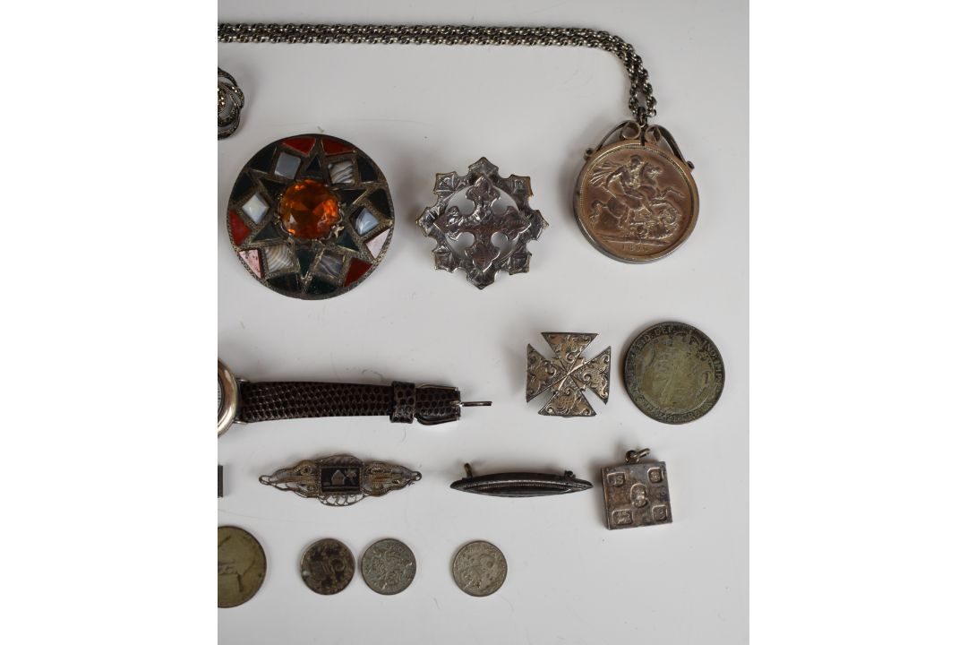 A collection of silver and white metal jewellery including watch with enamel dial, agate brooch, - Image 4 of 4