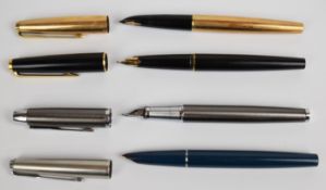 Four fountain pens comprising Montblanc with black resin barrel and cap and gold plated fittings and