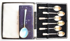 Harrods cased set of hallmarked silver enamel backed teaspoons together with a Danish silver gilt