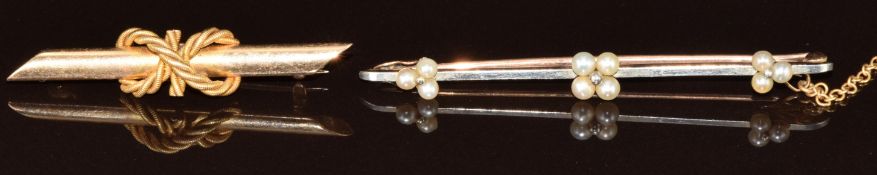 A c1920 15ct gold brooch set with pearls with a platinum finish and a 15ct gold brooch in the form