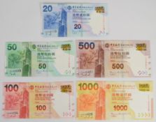 Set of five Hong Kong Bank of China 2010 issue (2014 dated) banknotes comprising $20, $50, $100, $