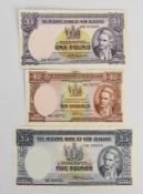 New Zealand 10 Shillings, £1 and £5 banknotes signed by R.N. Fleming (1960-67)
