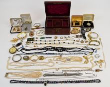 A collection of costume jewellery including brooches, beads, Toledo, Wedgwood brooch, 9ct gold and