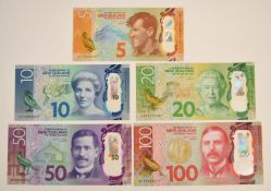 Five New Zealand 2015-16 banknotes comprising $5, $10, $20, $50 and $100