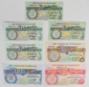 Seven Guernsey 1980-2013 banknotes comprising 1980 Issue 'A' prefix £1, £5, £10 and £20 signed by