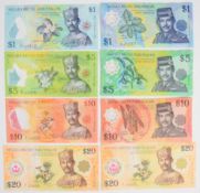 Eight Brunei 1998-2011 polymer banknotes including two commemorative 20 Ringgit notes celebrating