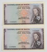 Two Malta undated (1968) £5 banknotes signed P.L. Hogg