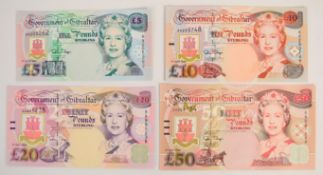 Four Gibraltar 1995 issue banknotes comprising £5, £10, £20 and £50, all with 'AA' prefix serial