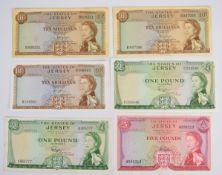 Six Jersey 1963 issue banknotes signed by F.N. Padgham comprising three 10 Shillings, two £1 notes