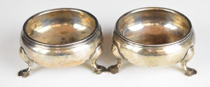 Pair of Georgian hallmarked silver hoof footed open salts, London date letters rubbed but mid 18th