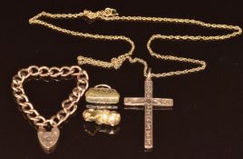 A 9ct gold cross, 9ct gold heart padlock, two charms (damaged) and chain, 6.7g