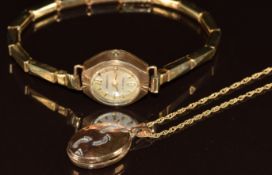A 9ct gold cased watch and a 9ct gold locket on chain, 1.7g