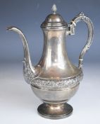 Boulenger French silver coffee pot with embossed foliate decoration and ivory insulated handle and