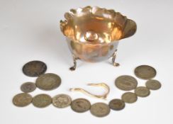 Hallmarked silver milk jug, weight 67g, and a quantity of pre 1947 silver coinage, weight 92g