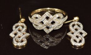 A 9ct gold ring set with diamonds, with matching earrings, 4.2g, size L