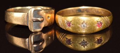 A 15ct gold ring set with a diamond and paste (1.8g, size Q) and 9ct gold buckle ring. (2.5g, size