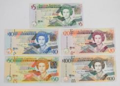 Five East Caribbean States 2012 issue (2015) banknotes comprising $5, $10, $20, $50 and $100